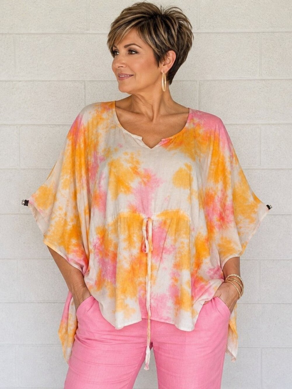 New Sacred Threads One Size Rose Tie-Dye Pullover Rayon Kaftan Poncho Top